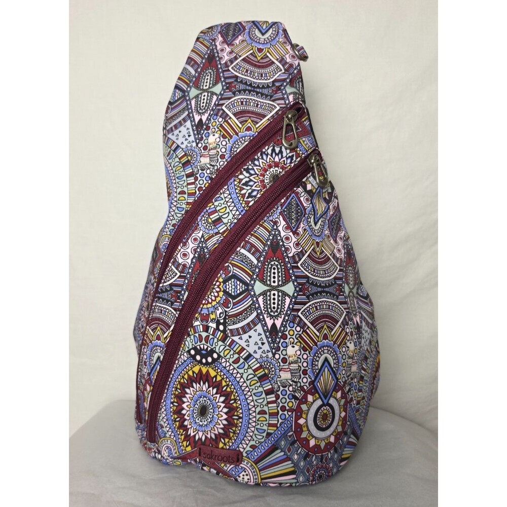 Sakroots Sling Backpack Multicolor Medallion Llama Print Burgundy Strap NWOT